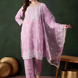 HERE&NOW Lavender Floral Embroidered Straight Kurta With Trousers & Dupatta-picture-53