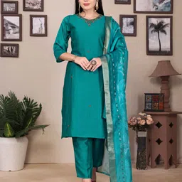 SUNDARNAARI Women Embroidered Regular Kurta with Trousers & With Dupatta-24