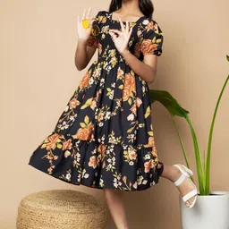 ZWERLON Floral Print Puff Sleeve A-Line Midi Dress-57
