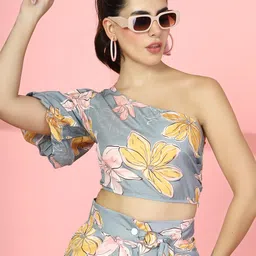 Oomph! Women Floral Printed One Shoulder Puff Sleeve Crepe short Top-image-54