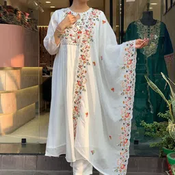 KALINI Floral Embroidered Anarkali Thread Work Kurta With Palazzos & Dupatta-10