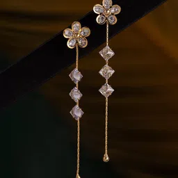 Voylla Korean Bling Gold-Plated American Diamond Studded Floral Blossom Glow Drop Earrings-image-6
