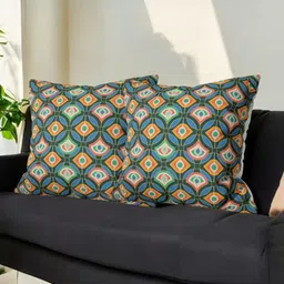 LUSHLYF Green & Navy Blue 2 Pieces Geometric Printed Velvet Square Cushion Covers-image-14
