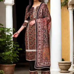 Anouk Floral Printed Notch Neck Pure Cotton Straight Kurta With Palazzos & Dupatta-image-99
