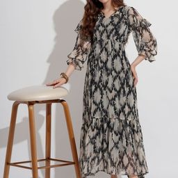 DressBerry Women Black Georgette Tie-Dye Printed Maxi Dress With Ruffles Detail-picture-9