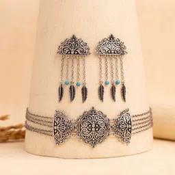 Voylla Boho Tribe Nomadic Oxidised Choker Necklace Set-picture-30