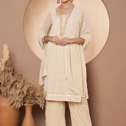 Poshak Hub Women Ethnic Motifs Embroidered Chikankari Kurta with Palazzos & Dupatta-picture-4