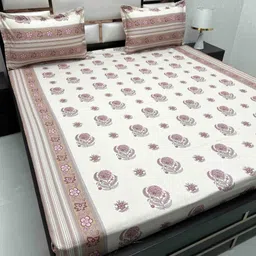 Pure Decor Cream-Coloured & Pink Floral 220 TC Queen Bedsheet with 2 Pillow Covers-image-55
