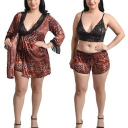 Embrave Women Animal Printed Shoulder Straps Night Suit With Robe-image-97