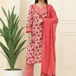 BAESD Floral Printed Lace Work Pure Cotton Straight Kurta With Trouser & Dupatta-image-96