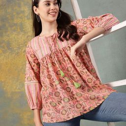 God Bless Women Floral Printed Keyhole Neck Puff Sleeve Cotton Peplum Top-image-89