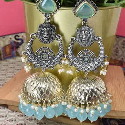 MEIRA JEWELLERY Silver Plated Artificial Stones Studded And Beaded Dome Oxidised Jhumkas-picture-42