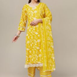 GEKHA Women Floral Printed Cotton Kurta with Trousers & Dupatta-image-61