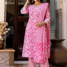 Anouk Women Floral Printed Regular Pure Cotton Kurta with Palazzos & With Dupatta-37
