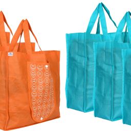 Foldable Reusable Smiley Printed Shopping Bag with One Small Pocket (Set Of 6,Orange & Blue) Pack of 6 Grocery Bags-10