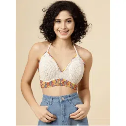 Velvery Off White Halter Neck Padded Bralette Top with Tie-Ups-picture-6