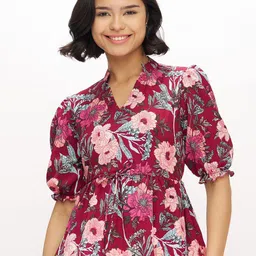 DressBerry Floral Printed Mandarin Collar Puff Sleeves Crepe Peplum Top-image-90