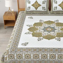 MAFATLAL Sanskriti White & Brown Printed Cotton 144 TC King Bedsheet Set-2.34 m x 2.70 m-image-77