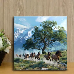 OLIVE TREE Blue & Green Canvas Horses & Trees Painting Wall Art-image-6