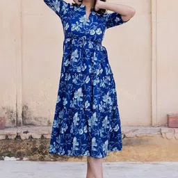 Jash Creation Print Puff Sleeve Applique Crepe Fit & Flare Maxi Dress-picture-9