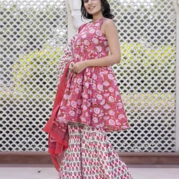 KALINI Women Floral Printed Regular Pure Cotton Kurta with Sharara & With Dupatta-picture-17