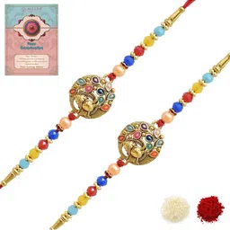 MEIRA JEWELLERY Set Of 2 Rakhi With Roli Chawal & Greetings Card Set-16