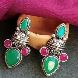 Efulgenz Rhodium Plated Crystal Studded Contemporary Oxidised Drop Earrings-18