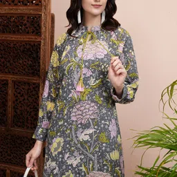 Vishudh Floral Print Tie-Up Neck Cuffed Sleeves A-Line Midi Dress-image-22