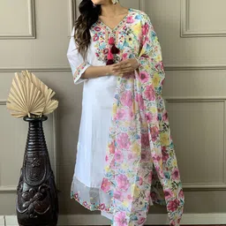 KALINI Floral Embroidered Tie-Up Neck Kurta With Trousers & Dupatta-45