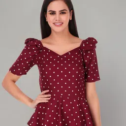 Zuvino Polka Dot Print Sweetheart Neck Puff Sleeve Peplum Top-picture-51