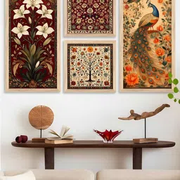 WALLLANE Brown 4 Piece Wood Floral Wall Paintings-51