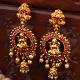 Anouk Green Gold-Plated Artificial Beaded Goddess Laxmi Contemporary Shaped Chandbalis-34