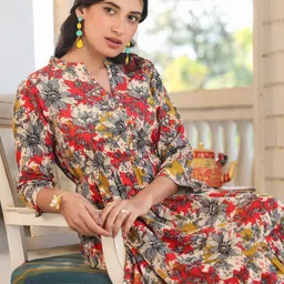 Janasya Floral Printed Pure Cotton Tiered Ethnic Dress-image-86