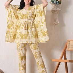 AVYCO Women Floral Printed Cotton Kaftan Kurta with Trousers-image-97