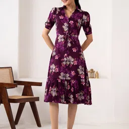 AASK Floral Printed Puff Sleeve A-Line Dress-image-88