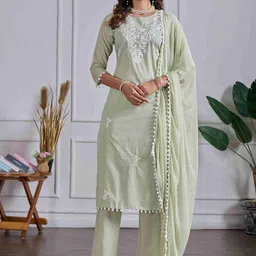 DRUPH & CO Paisley Embroidered Chikankari Pure Cotton Kurta With Trousers & Dupatta-19