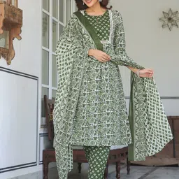 Janasya Women's Olive Green Pure Cotton Floral Printed A-line Kurta Set-picture-53