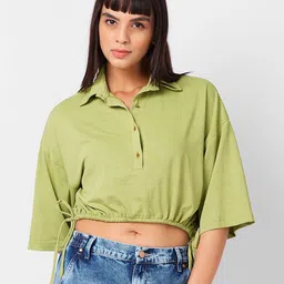 IZEL Women Solid Polo Collar Boxy T-shirt-image-21
