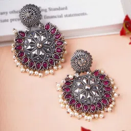 adwitiya collection Adwitiya Silver-Plated Artificial Stones Studded And Beaded Floral Drop Earrings-picture-33
