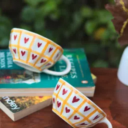 WEAVING HOMES White & Yellow Printed Ceramic Glossy Cups 180ml-25