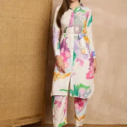 all about you White Floral Printed Shirt Collar Straight Kurta With Trousers-25