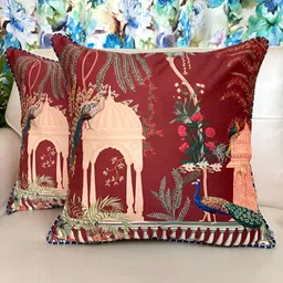 TARA- Sparkling Homes Red & Beige Set of 2 Floral Velvet Square Cushion Covers-17