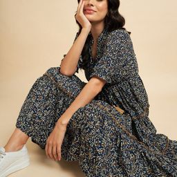 Raiyani Fashion Ethnic Motifs Print Puff Sleeve Tiered Fit & Flare Midi Dress-picture-29