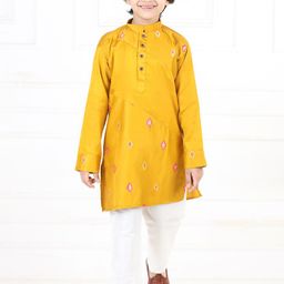 Here&Now X Kinder Kids Boys Floral Embroidered Regular Thread Work Pure Cotton Kurta with Pyjamas-51
