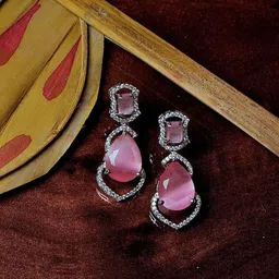 Gemron Jewel Rhodium-Plated American Diamond Studded Contemporary Drop Earrings-19