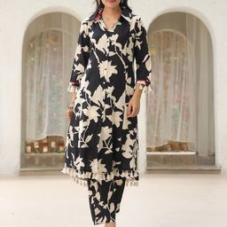 Rain & Rainbow Floral Printed Shirt Collar Pure Cotton Tunic With Trousers-picture-20