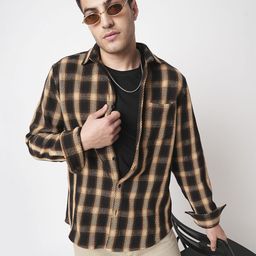VASTRADO Men Vintage Russet Brown Plaid Checks Twill Shirt-image-24