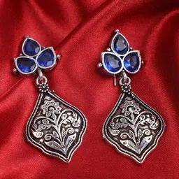 PUJVI Artificial Stones Studded Contemporary Oxidised Drop Earrings-13