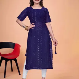 PARROT CREATION Women Geometric Embroidered Sequins Round Neck Calf Length Straight Kurta-5