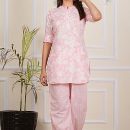 JAGNA Women Floral Printed Regular Pure Cotton Kurti with Trousers-image-36